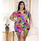 Plus Size Leaves Print Women Off Shoulder Short Sleeve Summer Ruched Drawstring Bandage Mini Dress ASL-7035