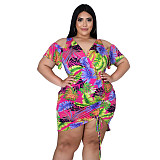 Plus Size Leaves Print Women Off Shoulder Short Sleeve Summer Ruched Drawstring Bandage Mini Dress ASL-7035
