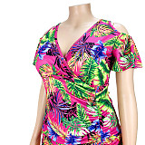 Plus Size Leaves Print Women Off Shoulder Short Sleeve Summer Ruched Drawstring Bandage Mini Dress ASL-7035