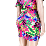 Plus Size Leaves Print Women Off Shoulder Short Sleeve Summer Ruched Drawstring Bandage Mini Dress ASL-7035