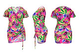 Plus Size Leaves Print Women Off Shoulder Short Sleeve Summer Ruched Drawstring Bandage Mini Dress ASL-7035