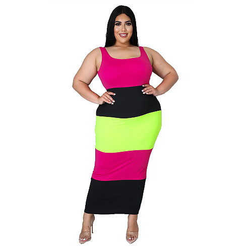 Womens Summer Clothes Color Patchwork Sleeveless Square Collar Casual Plus Size Long Maxi Dress SFY-2114