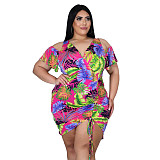 Plus Size Leaves Print Women Off Shoulder Short Sleeve Summer Ruched Drawstring Bandage Mini Dress ASL-7035