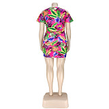 Plus Size Leaves Print Women Off Shoulder Short Sleeve Summer Ruched Drawstring Bandage Mini Dress ASL-7035