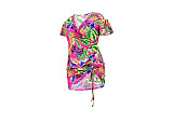Plus Size Leaves Print Women Off Shoulder Short Sleeve Summer Ruched Drawstring Bandage Mini Dress ASL-7035
