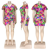 Plus Size Leaves Print Women Off Shoulder Short Sleeve Summer Ruched Drawstring Bandage Mini Dress ASL-7035