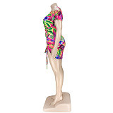 Plus Size Leaves Print Women Off Shoulder Short Sleeve Summer Ruched Drawstring Bandage Mini Dress ASL-7035