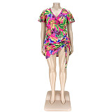 Plus Size Leaves Print Women Off Shoulder Short Sleeve Summer Ruched Drawstring Bandage Mini Dress ASL-7035