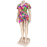Plus Size Leaves Print Women Off Shoulder Short Sleeve Summer Ruched Drawstring Bandage Mini Dress ASL-7035