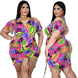Plus Size Leaves Print Women Off Shoulder Short Sleeve Summer Ruched Drawstring Bandage Mini Dress ASL-7035