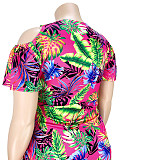 Plus Size Leaves Print Women Off Shoulder Short Sleeve Summer Ruched Drawstring Bandage Mini Dress ASL-7035