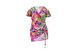 Plus Size Leaves Print Women Off Shoulder Short Sleeve Summer Ruched Drawstring Bandage Mini Dress ASL-7035