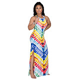 Casual Women Tie-dye Print Sleeveless O Neck Side Slit A Line Beach Party Maxi Dress ZAND-31151
