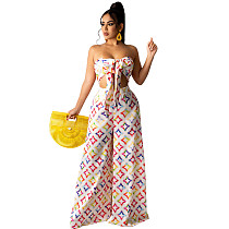 Women Print Sleeveless Strapless Bandage Crop Tops Wide Leg Pants Streetwear 2 Piece Sets ZAND-31138