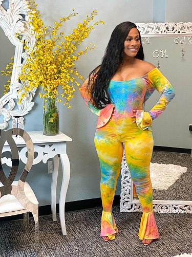 Elegant Tie Dye Print Women Clothes Sexy Off Shoulder Flare Sleeve Bodycon Club Party Jumpsuit WSM-5265