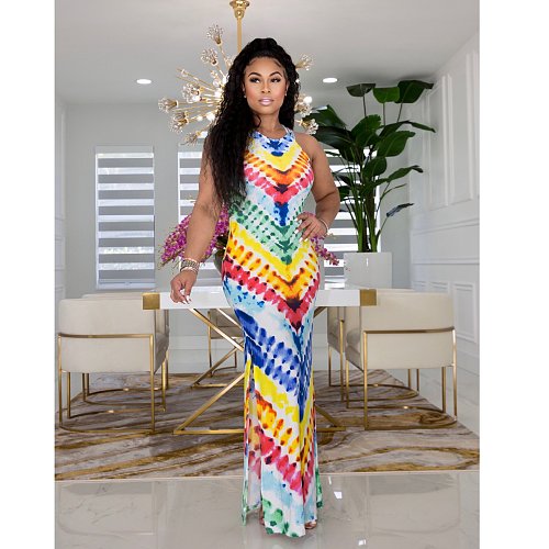 Casual Women Tie-dye Print Sleeveless O Neck Side Slit A Line Beach Party Maxi Dress ZAND-31151