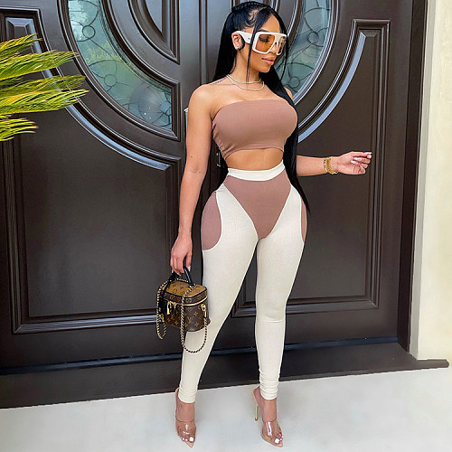 Sexy Women Clothing Sleeveless Wrap Chest Crop Top Contrast Color Patchwork Pants Two Piece Set WSY-5888