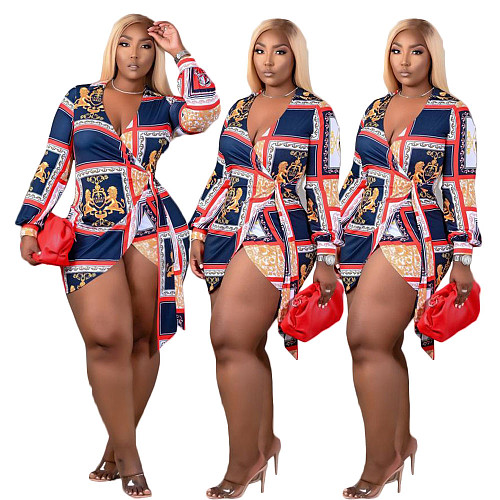 Fashion Women Plus Size Clothing Long Sleeve V Neck Lace Up Vintage Print Shirt Skinny Mini Dress DY-6669