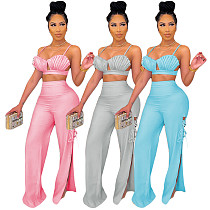 Sexy Solid Color Women Spaghetti Strap Pleated Adjustable Top Bra High Waist Lace Up Pants 2 Piece Set CN-0150