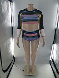 Printed Long Sleeve Crop Tops High Waist Beachwear Push-Up Two Piece Bikini Set LP-66302
