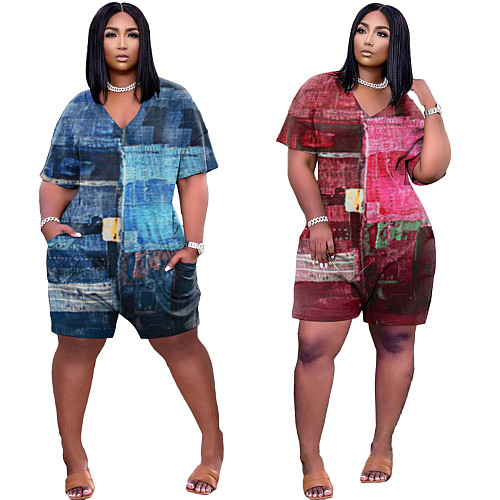 Street Hipster Style Women's Clothing Print Short Sleeve V Neck With Pocket Loose Plus Size Romper NIYA-8078