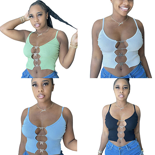Fashion 2021 New Threaded Solid Color Hollow Out Patchwork All-Match Spaghetti Strap Crop Tops GLS-8145
