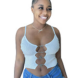 Fashion 2021 New Threaded Solid Color Hollow Out Patchwork All-Match Spaghetti Strap Crop Tops GLS-8145