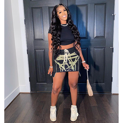 Summer Streetwear Print Drawstring Mini Skirts O Neck Short Sleeve Crop Top Slim Club Two Piece Set WSM-5234