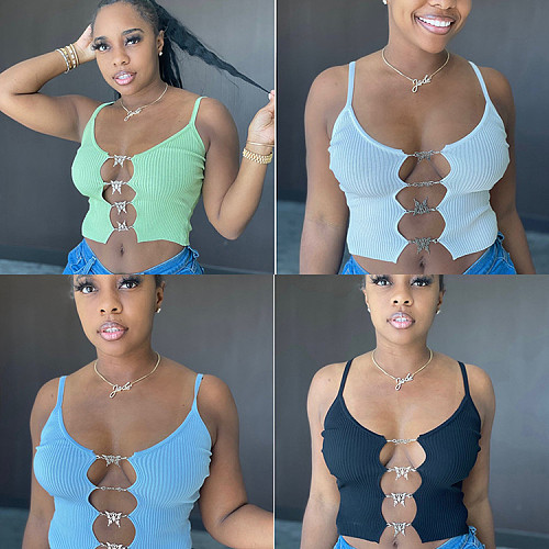 Fashion 2021 New Threaded Solid Color Hollow Out Patchwork All-Match Spaghetti Strap Crop Tops GLS-8145