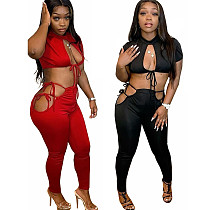 Sexy Solid Color Women Short Sleeve Crop Top Hollow Out Lace-Up Pants Summer 2021 Two Piece Set LS-0354