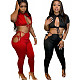Sexy Solid Color Women Short Sleeve Crop Top Hollow Out Lace-Up Pants Summer 2021 Two Piece Set LS-0354