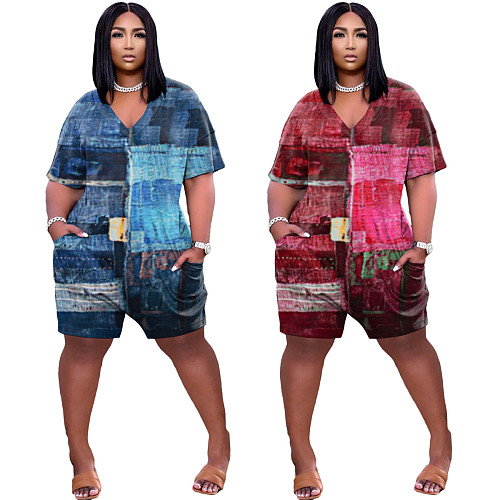 Street Hipster Style Women's Clothing Print Short Sleeve V Neck With Pocket Loose Plus Size Romper NIYA-8078