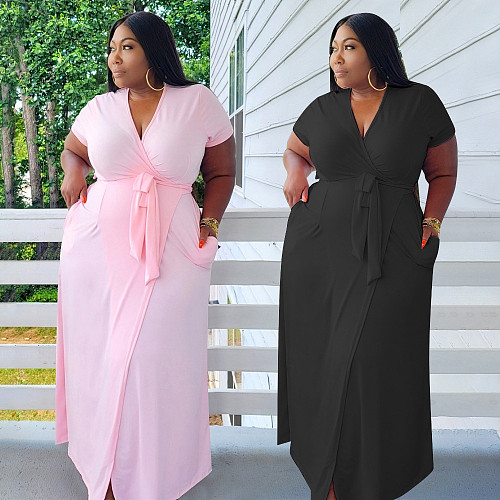 Women Summer Solid Color Short Sleeve Deep V Neck Lace Up Robe Longue Stretch Plus Size Maxi Dresses BER-8090