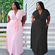 Women Summer Solid Color Short Sleeve Deep V Neck Lace Up Robe Longue Stretch Plus Size Maxi Dresses BER-8090
