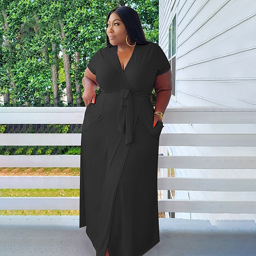 Women Summer Solid Color Short Sleeve Deep V Neck Lace Up Robe Longue Stretch Plus Size Maxi Dresses BER-8090