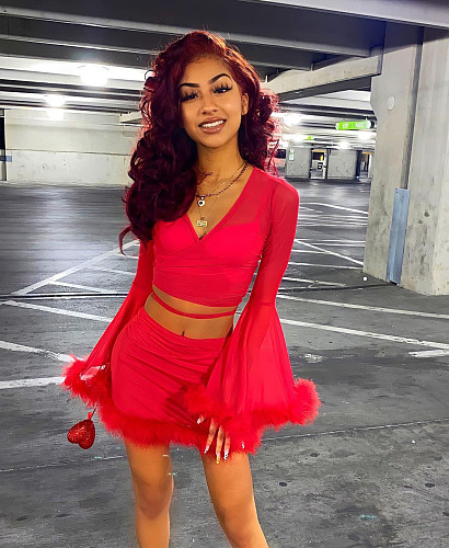 Sexy Feather Patchwork Women Deep V Neck Flare Sleeve Crop Top Mini Skirt Elegant Club 2 Piece Set XY-9111
