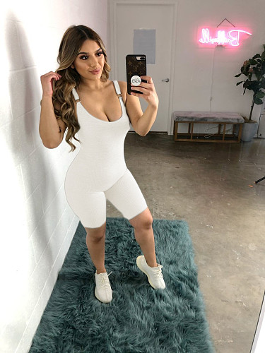 Casual Solid Color Sleeveless Adjustable Spaghetti Strap Skinny High Waist Fitness Women Romper ABL-4018