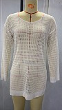 Sexy Solid Crochet Fishnet Hollow Out Mesh Bikini Long Sleeve Boho Beachwear Cover Up Mini Dress OYW-20411