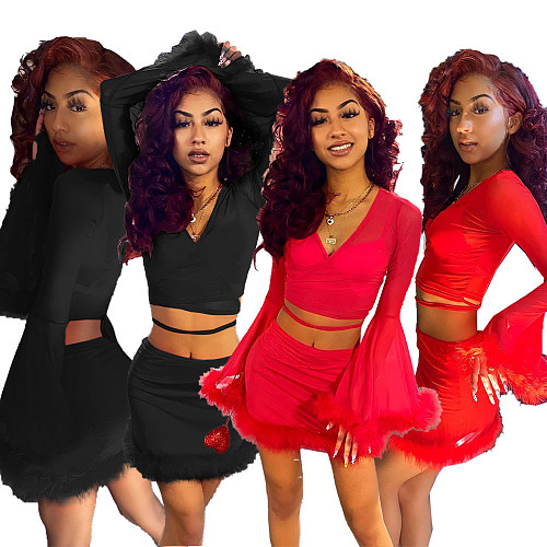 Sexy Feather Patchwork Women Deep V Neck Flare Sleeve Crop Top Mini Skirt Elegant Club 2 Piece Set XY-9111