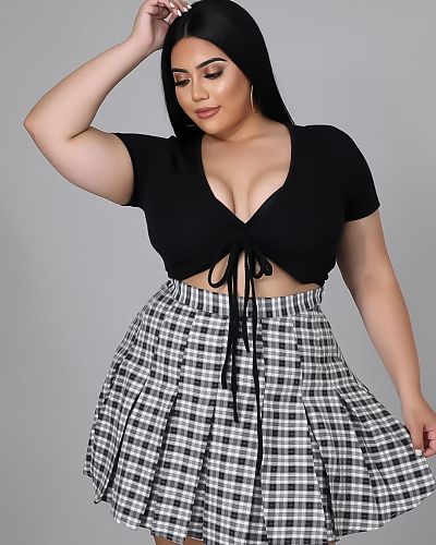 Plus Size Women Clothing Short Sleeve Lace Up Crop Top Plaid Pleated Skirt Summer Two Piece Set XY-9110