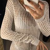 Sexy Solid Crochet Fishnet Hollow Out Mesh Bikini Long Sleeve Boho Beachwear Cover Up Mini Dress OYW-20411