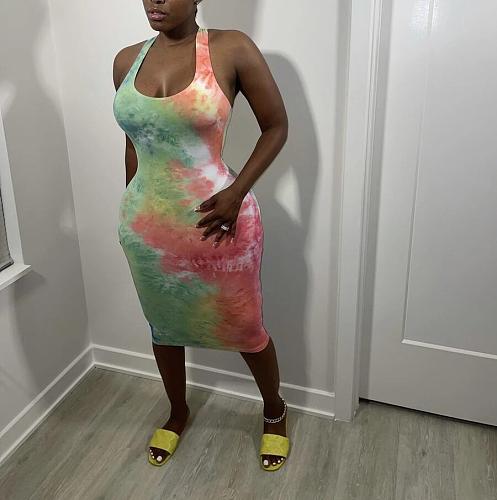 Elegant Women Sexy Tie Dye Print Sleeveless Basic Vest Tank Bodycon Midi Dress HMS-5486