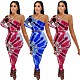 Fashion Tie Dye Print Women One Shoulder Long Sleeve Crop Top Bodycon Pants Summer Two Piece Set YMT-6214