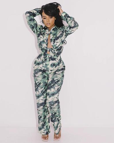 Women Tie Dye Print Streetwear Long Sleeve Turn Down Collar Shirt Straight Pants Autumn 2 Piece Set SFY-2127
