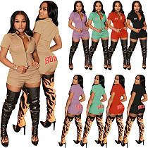 Fashion Body Letter Print Short Sleeve Turn Down Collar Button Tops Biker Shorts Summer Two Piece Set YIM-205