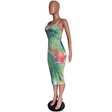 Elegant Women Sexy Tie Dye Print Sleeveless Basic Vest Tank Bodycon Midi Dress HMS-5486