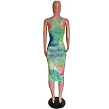 Elegant Women Sexy Tie Dye Print Sleeveless Basic Vest Tank Bodycon Midi Dress HMS-5486