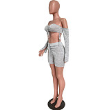 Sexy Off Shoulder Long Sleeve Lace Up Crop Top Drawstring Biker Shorts Women Bodycon 2 Piece Set HMS-5489