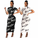 Plus Size Letters Print Short Sleeve O Neck Summer Elegant Women Clothing Party Long Maxi Dress BNY-7053