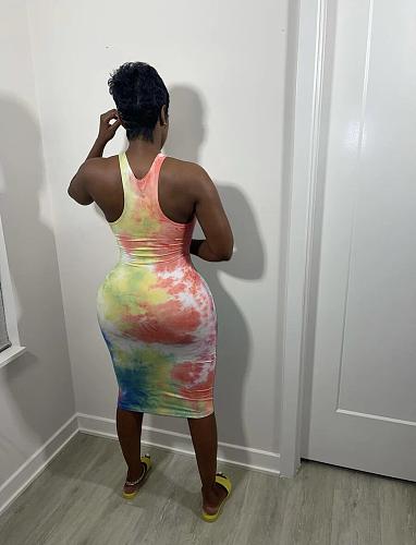 Elegant Women Sexy Tie Dye Print Sleeveless Basic Vest Tank Bodycon Midi Dress HMS-5486
